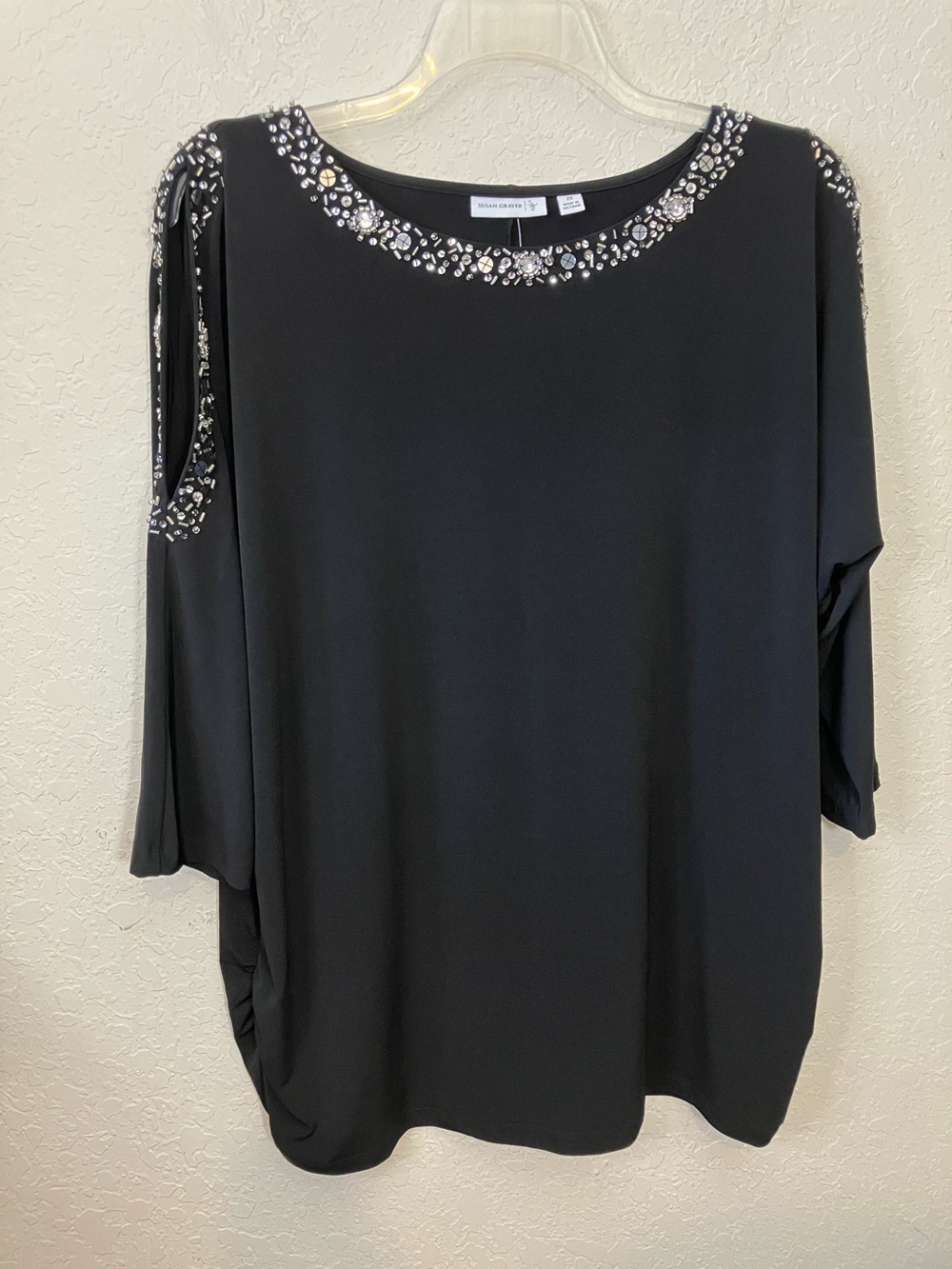 Susan Graver Dressy Black Embellished Cold-Shoulder Tunic
